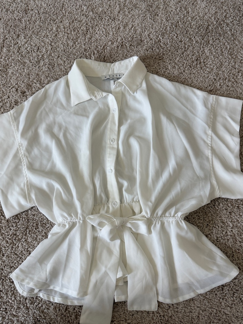 HYFVE Ivory Button-Front Tie-Waist Short Sleeve Blouse